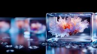 Frozen flower encased in clear ice cube with vibrant purple and orange colors against dark background, artistic macro photography with bokeh effect and water drops.