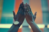 Female hands raised up against colorful blurred background, wearing engagement ring and wristwatch, creating high five gesture in soft atmospheric lighting.