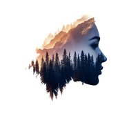 Female profile silhouette with double exposure effect showing mountain landscape and forest at sunset, artistic nature photography composition.