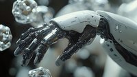 Futuristic robotic arm reaching forward against blurred crystal background, showcasing advanced prosthetic technology and mechanical engineering innovation.