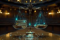 Decorative scales of justice with glowing turquoise light effects in dark courtroom setting, symbol of law and legal system against blurred background with bokeh lights.