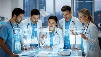 Medical team analyzing digital health data with holographic interface technology in modern hospital setting for healthcare innovation and diagnosis.