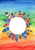 Colorful feathers arranged in a circular frame around white center space on gradient background transitioning from blue sky to green grass to orange and red sunset, suitable for greeting cards and design projects.