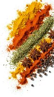 Colorful spice powder blend with turmeric, paprika, herbs and star anise on white background for culinary designs and cooking projects.