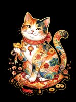 Watercolor lucky cat holding gold ingot with floral patterns, coins, and lantern, isolated on transparent background. Great for stickers, t-shirt design, print on demand.