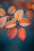 Orange autumn leaves covered in morning dew drops against blurred dark background, creating magical natural macro photography effect.