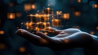 Glowing digital cubes floating above open palm against dark background, connected by light points creating futuristic network visualization. Blockchain concept.