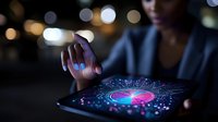 African American businesswoman interacting with glowing circular holographic interface on digital tablet in dark office with bokeh lights in background.