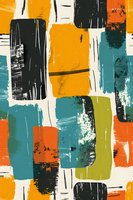 Abstract brushstroke pattern in retro colors featuring orange, teal, yellow and black geometric shapes with textured grunge effect. Seamless repeat for fabric and decor.