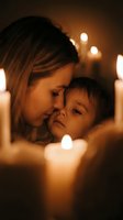 Young Caucasian mother holding infant baby surrounded by warm glowing candles creating intimate bonding moment in soft candlelight atmosphere for family photography.