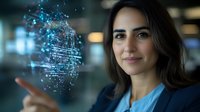 Professional businesswoman interacting with holographic digital brain interface displaying neural networks and data connections in modern office environment.