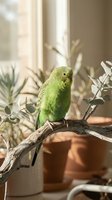 Green budgie perched on branch near window with potted plants and natural sunlight, suitable for pet care, home decor, and animal-related content.