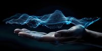 Mystical blue energy wave floating above outstretched palm against dark background, glowing particles creating ethereal atmospheric effect for spiritual concepts.