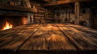 Wooden table surface with warm fireplace glow in rustic log cabin interior, ideal for hospitality, home decor, and lifestyle design projects.