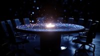 Glowing spiral galaxy hologram projected on conference room table creates dramatic cosmic visualization in dark meeting space with empty chairs.