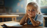 Pensive young blonde girl sitting at school desk with open book, looking thoughtful with chin resting on hands in sunlit classroom atmosphere.