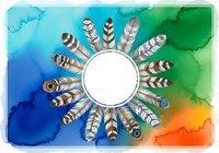 Circular arrangement of feathered quills radiating from white center on vibrant watercolor background transitioning from blue, green, to orange. Isolated design element suitable for logos, invitations, and creative projects.