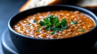 Hearty lentil soup garnished with fresh parsley in black ceramic bowl, close-up view showing rich texture and warm colors against dark background.