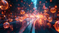 Glowing orange spheres float in cosmic space with luminous energy streams and particles creating magical atmosphere against deep blue background.