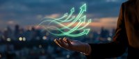 Professional businessman holding glowing green growth arrows above palm against blurred city skyline at dusk for business success concepts.
