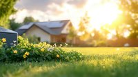 Tranquil backyard garden scene with yellow flowers along green lawn at sunset, warm sunlight filtering through creating magical golden hour atmosphere in suburban setting.
