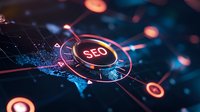 Digital SEO optimization concept with glowing red circular interface and connected nodes on dark technology background with blue light effects.