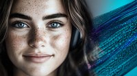 Young Caucasian woman with freckles and blue eyes wearing headphones smiles while listening to music, artistic turquoise and purple glitter bokeh effect in background.