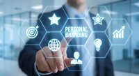 Professional businessman touching personal branding interface with hexagonal icons showing marketing strategy concepts in modern office environment.