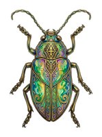 Ornate beetle with iridescent green, purple, and gold decorative patterns on isolated white background, suitable for design projects and clipart applications.