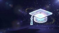 Holographic graduation cap floating in cosmic space with stars and nebula background for education technology and future learning concepts.