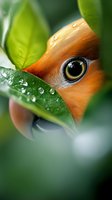 Extreme close-up of orange bird eye peeking through wet green leaves with water drops, showing detailed feathers and reflective pupil in artistic nature photography.