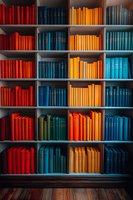 Colorful bookshelf with books arranged by color in red, blue, yellow, and teal sections, creating a vibrant rainbow pattern in a home library.