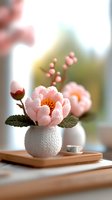 Delicate pink knitted flowers in white textured ceramic vase on wooden tray, soft natural lighting creates cozy atmosphere for home decor and interior styling.