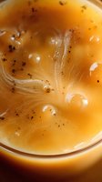 Macro shot of kombucha SCOBY culture with bubbles and organic patterns in amber liquid, showing fermentation process and natural bacteria growth in tea.
