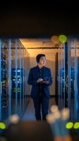 Asian male IT professional with tablet walking through modern server room data center with glowing network equipment for technology and cloud computing concepts.