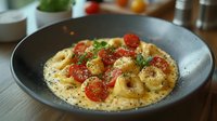 Fresh tortellini pasta in creamy parmesan sauce with roasted cherry tomatoes and herbs, served on dark plate against wooden surface. For food blogs and menus.