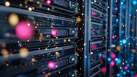 Server racks with glowing lights and bokeh effects in dark data center, network equipment with colorful illumination showing digital connectivity and data flow.