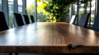 Luxurious wooden conference table with natural wood grain pattern in modern office setting, empty chairs and sunlit window view creating professional atmosphere.