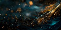 Magical golden peacock feather macro with glowing particles and bokeh lights against dark turquoise background. Luxury abstract nature photography for design projects.