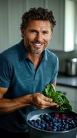 Mature man with gray hair and beard holding fresh spinach leaves and bowl of mixed berries in modern kitchen, promoting healthy lifestyle and nutrition.