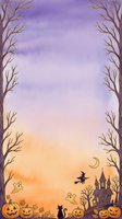 Watercolor Halloween scene with bare trees framing haunted house, witch, black cat, jack-o-lanterns, and crescent moon against purple and orange gradient sky. Suitable for seasonal greeting cards and festive designs.