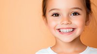 Young Asian girl with dental braces showing bright cheerful smile on peach background, demonstrating modern pediatric orthodontic treatment and oral healthcare.