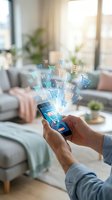 Hands holding smartphone with glowing shopping cart icons flying out of screen, online shopping concept in bright modern living room.