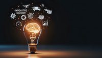 Glowing lightbulb with brain inside surrounded by innovative delivery icons on dark background representing creative logistics solutions.