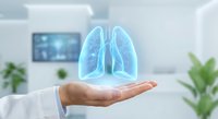 Medical professional displaying holographic lung anatomy model in modern healthcare office for respiratory system education and pulmonology consultation.