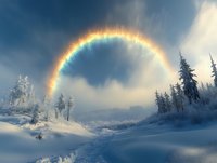 Magical winter landscape with bright rainbow over snow-covered forest. Dramatic sky and sunlight create ethereal atmosphere in frosty wilderness scene.