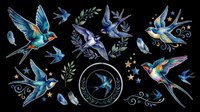 Watercolor swallows clipart set with stars, feathers, and floral elements, isolated on transparent background. Great for stickers, t-shirt design, and print on demand.