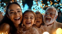 Multi-generation Asian family laughing together during holiday celebration with festive bokeh lights in background, capturing genuine joy and connection.