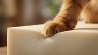 Orange tabby cat paw resting on beige furniture cushion in warm sunlight. Pet comfort, relaxation, domestic animal lifestyle concept for home decor designs.