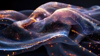 Flowing waves of translucent smoke with glowing orange and blue particles creating an ethereal abstract pattern against dark background, magical atmospheric effect.